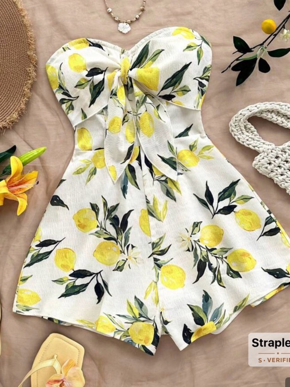 Strapless Yellow Lemon Print One-Piece Romper